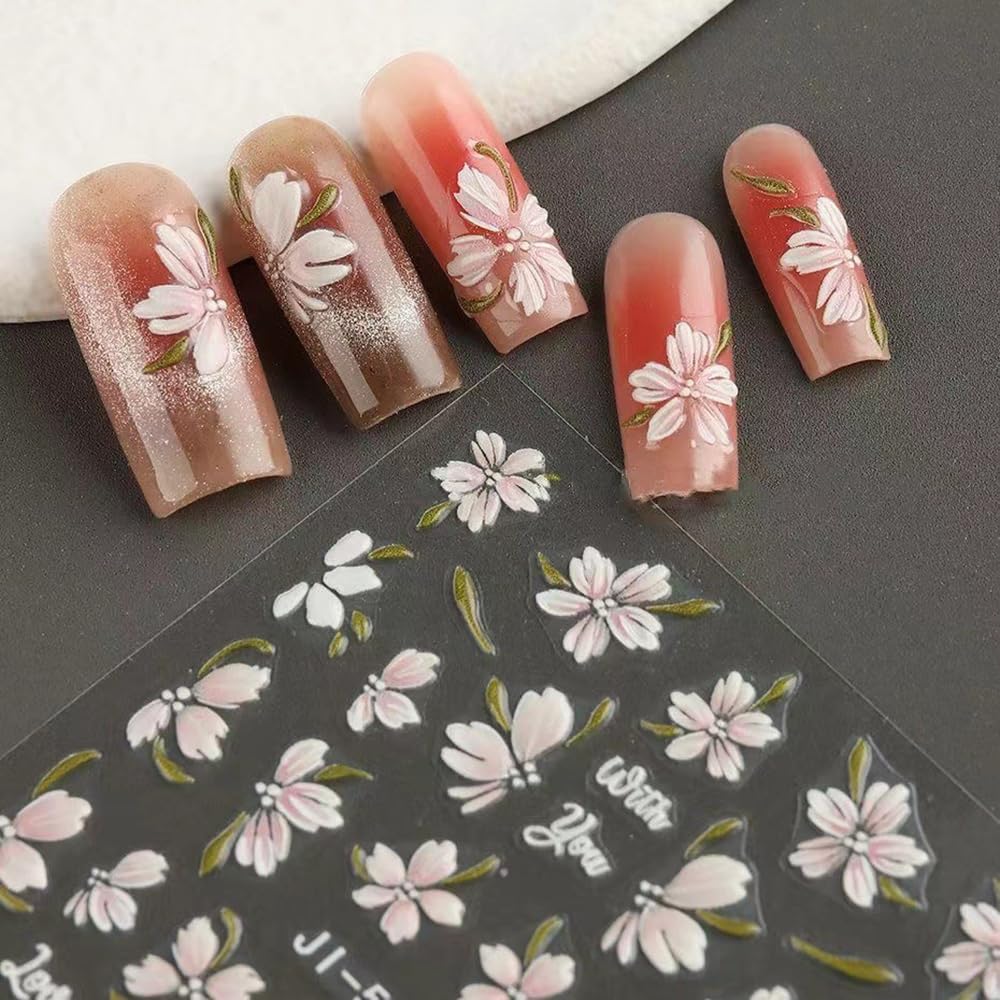 S.A.V.I 3 Sheets 5D Pink Floral Nail Art Stickers for Women – Self-Adhesive Decals, Easy Peel & Stick, Long-Lasting Manicure Decoration for Natural & Acrylic Nails, 10x7cm DIY Nail Designs
