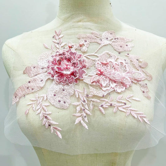 S.A.V.I 3D Pink Floral Embroidered Applique Patch | Sequins  Pearl Beaded Mesh Lace Fabric | 9.8x7.8 in | DIY Sewing for Bridal, Saree, Lehenga, Gown, Blouse, Dupatta, Ethnic Wear  Craft Projects (Pink)