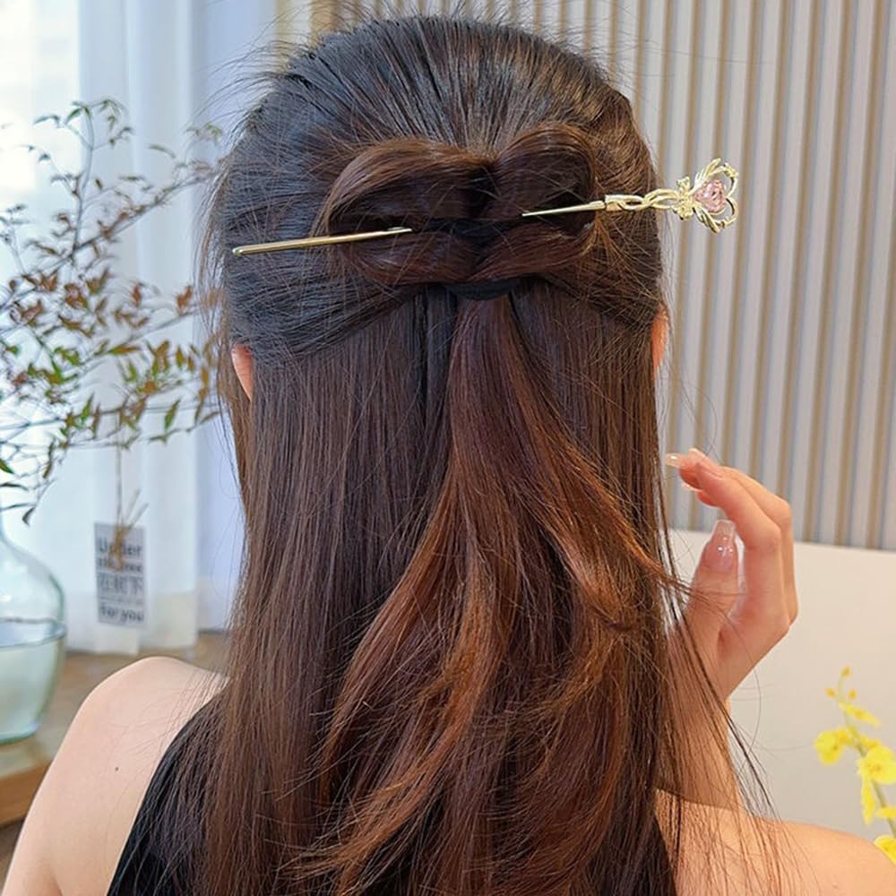 S.A.V.I Silver Hair Bun Stick Pin for Women & Girls | 18.2cm Metal Hairpin with Pink Heart Rhinestone | Butterfly Bow Design | Stylish Juda Stick for Party, Wedding, Traditional Look