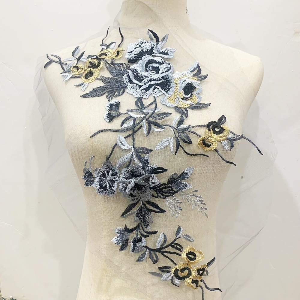 S.A.V.I 3D Embroidered Applique Patch – Black, Grey  Gold Floral Lace (19.6x8.2 in) | Sew-On Mesh Fabric for DIY Bridal Wear, Lehenga, Saree, Gown, Blouse, Ethnic  Craft Sewing Accessory