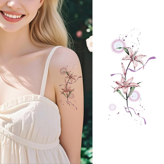 S.A.V.I Pink Lily Floral Temporary Tattoo Sticker for Women & Girls | 1 Pc | 12 x 7.6 cm | Waterproof & Long-Lasting | Safe Non-Toxic | Easy Apply & Remove Arm/Shoulder Body Art (46)