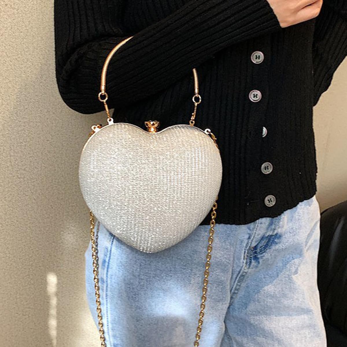 S.A.V.I Women’s Heart Shaped Silver Glitter Clutch Bag | Party & Wedding Evening Purse with Gold Handle, Chain Strap & Crystal Top Lock | Stylish Metallic Handbag for Brides & Special Events (Silver)