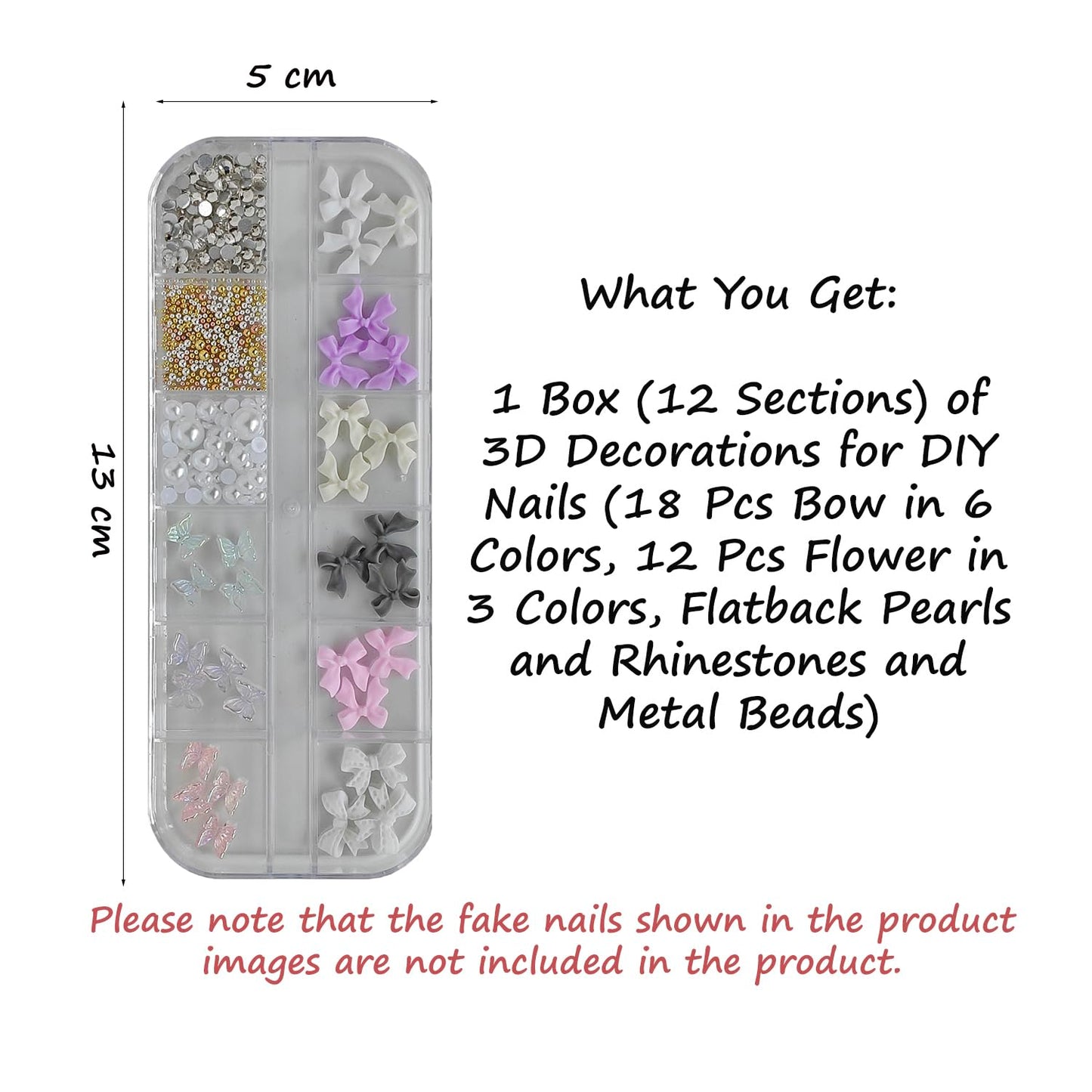 S.A.V.I 3D Nail Art Decoration Set – 12-Grid Box with 18 Bow Charms (6 Colours), 12 Butterfly Charms, Pearls, Rhinestones & Beads – DIY Nail Accessories for Professional Salon & Home Manicure