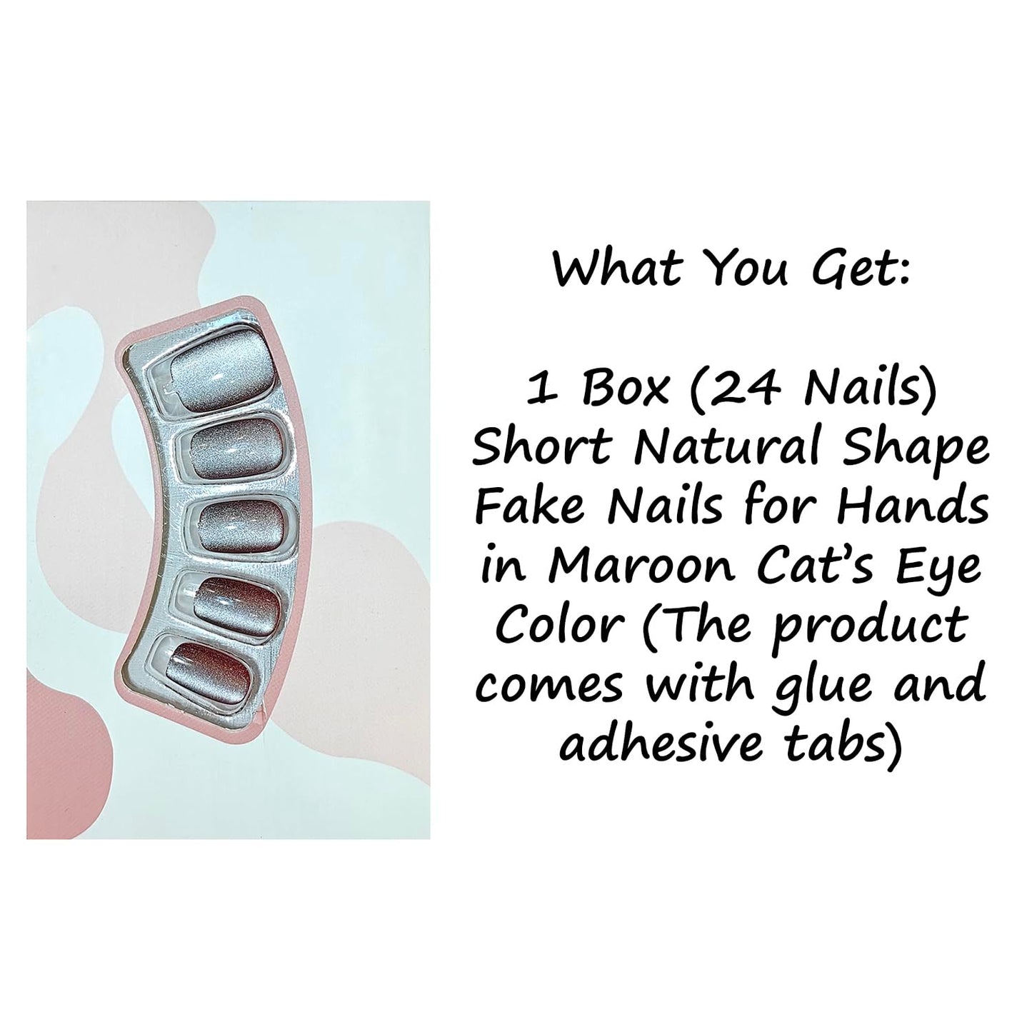 S.A.V.I 24 Pcs Short Natural Shape False Nails for Women | Maroon Cat’s Eye Glossy Press On Set with Glue & Adhesive Tabs | Reusable Artificial Tips, Easy Application & Removal