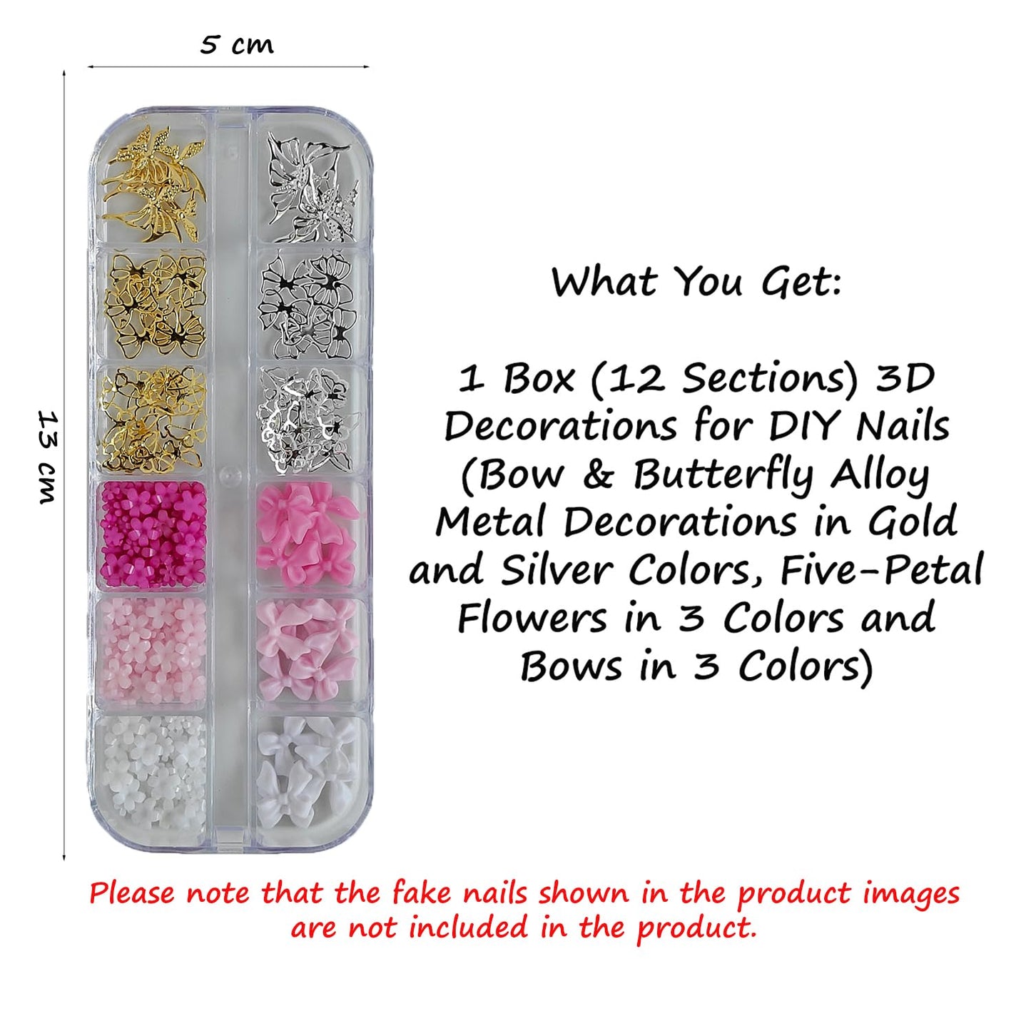 S.A.V.I 12-Grid 3D Nail Art Decorations Set – Gold & Silver Alloy Bows, Butterflies, Pink/White Flowers, Multi-Colour Bows – DIY Nail Extension & Manicure Accessories for Salon & Home Use