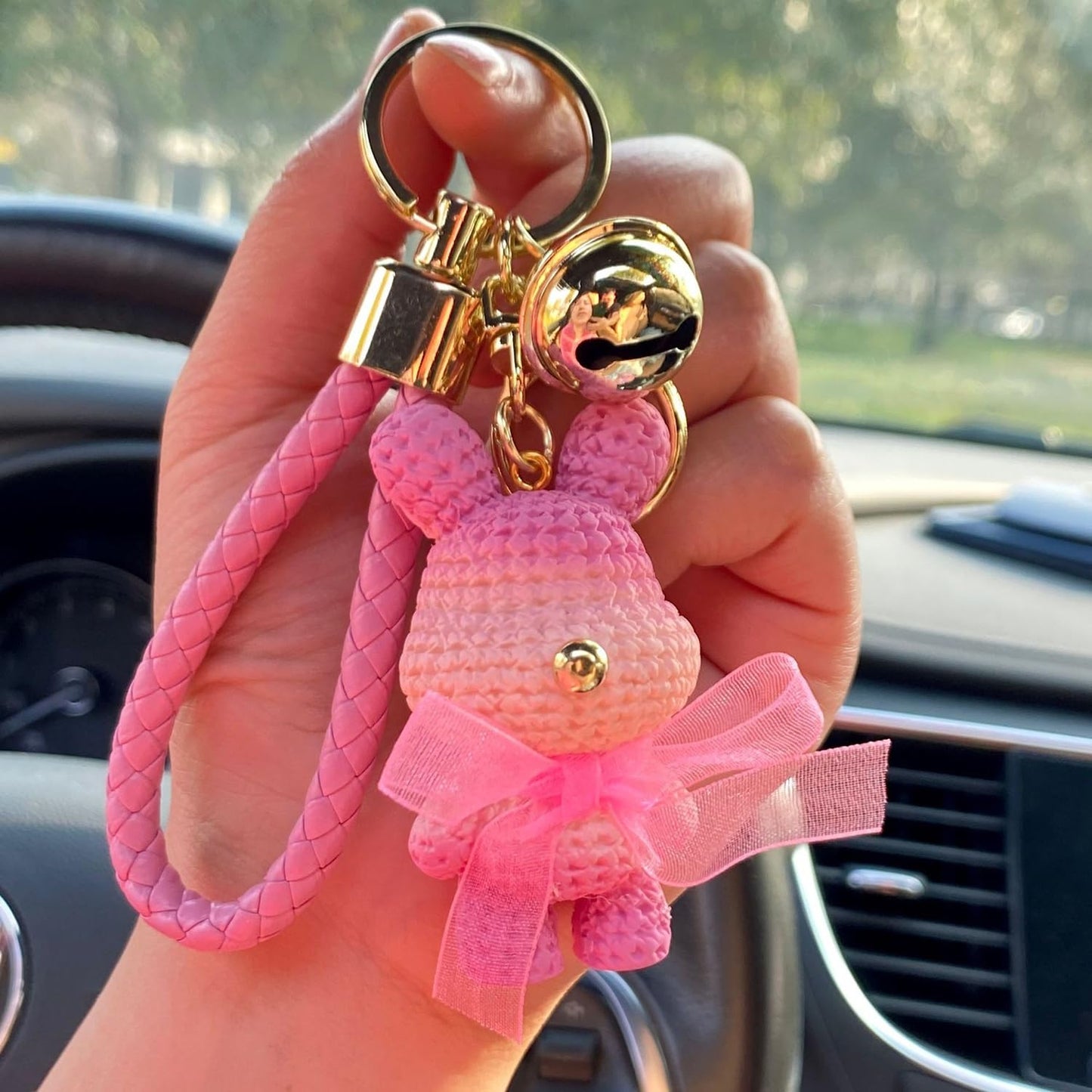 S.A.V.I Cute Pink Bunny Resin Keychain with Bow & PU Leather Strap | Stylish Golden Ring & Bell Charm | Bag, Purse & Car Key Holder for Girls & Women – Lightweight 56g (6cm)