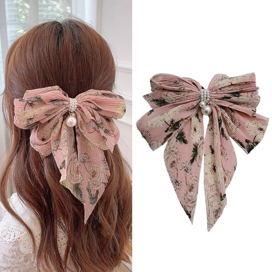 S.A.V.I Pink Floral Big Bow Hair Clip for Women & Girls | 17x15 cm Pleated Korean Style Barrette with Pearl Beads | Stylish Hair Accessory for Long Hair, Daily & Party