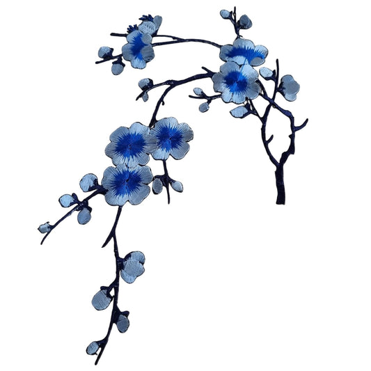 S.A.V.I Blue Floral 3D Embroidered Iron-On Patch | Cherry Blossom Applique for Clothes, T-Shirts, Jeans, Jackets, Backpacks | Pre-Glued DIY Fabric Sticker | 8.4 x 6.3 in (21.5 x 16 cm) | 1PC (Blue)