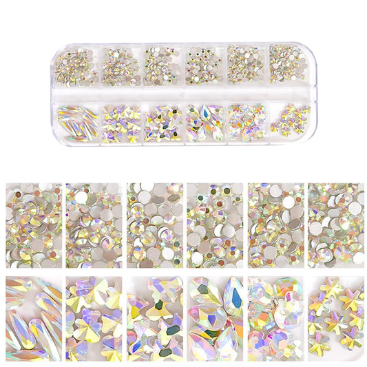 S.A.V.I 12 Grid Nail Art AB Color Rhinestones Decorations Mix Shapes Flat Bottom Palette DIY