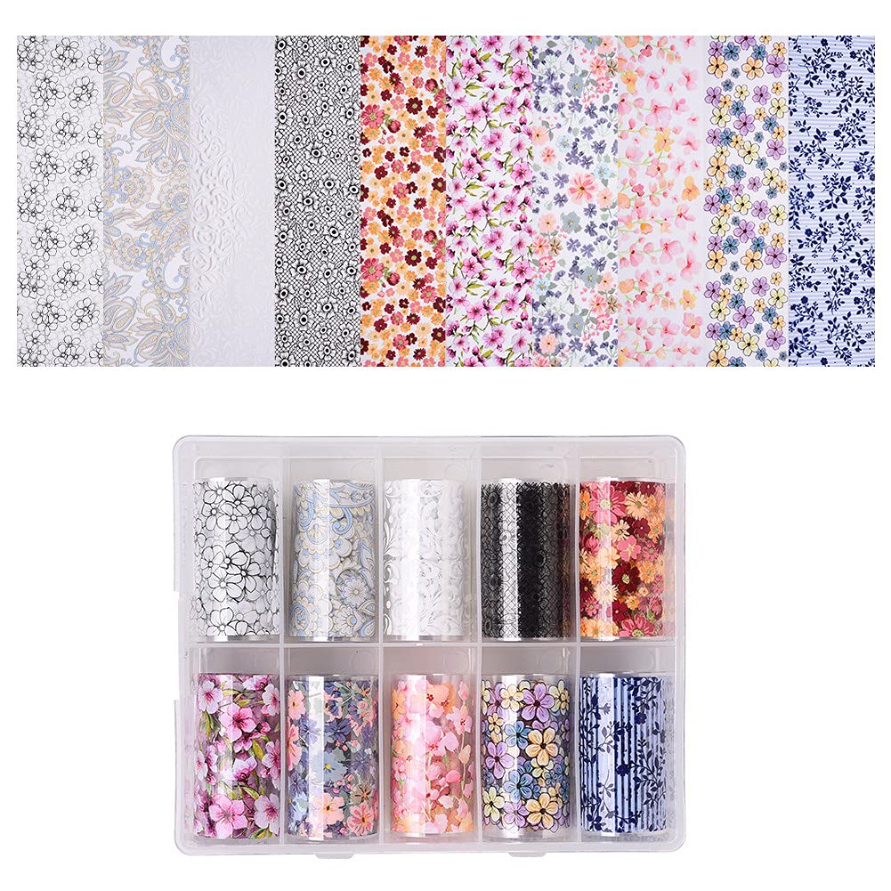 S.A.V.I 10 Rolls Nail Foil Transfer Sticker DIY Holographic Nail Decoration, 10 Designs Laser Flower Pattern Nail Foil Wraps Decal