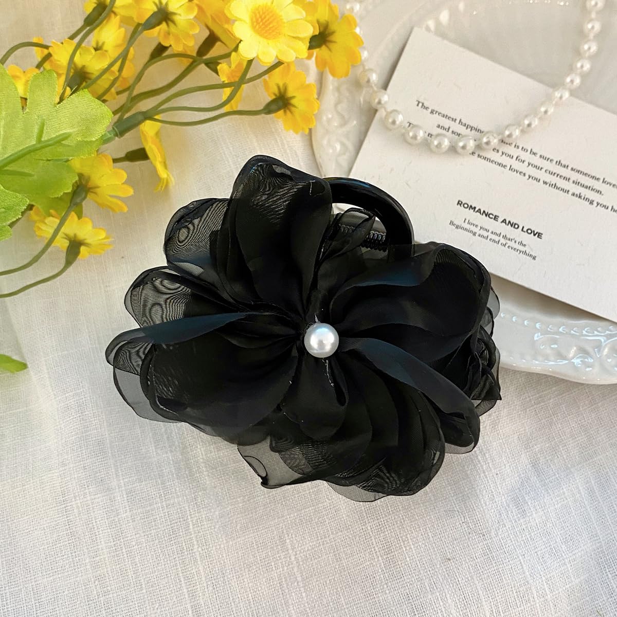 S.A.V.I Black Flower Hair Claw Clip for Women & Girls | Pearl Centered Floral Hair Accessory | 8cm Stylish Hair Clip for Bun, Party, Wedding & Daily | Elegant Hair Styling Clip