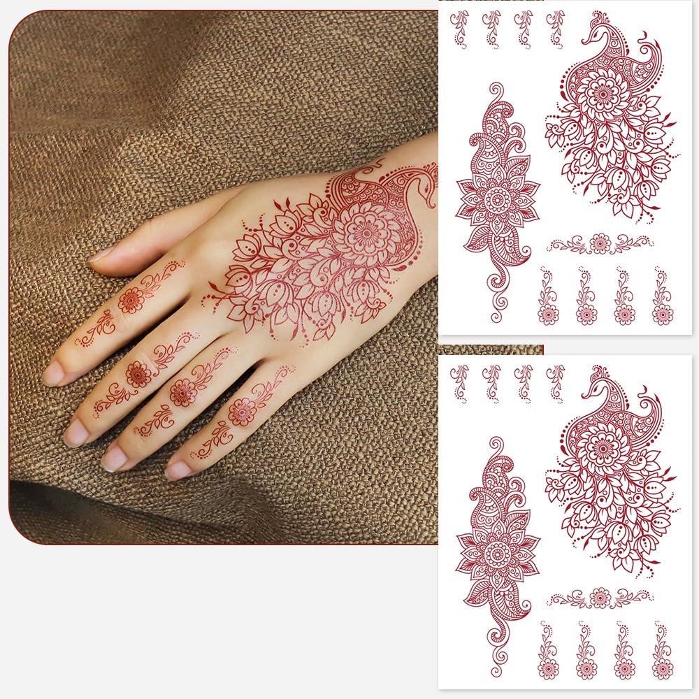 S.A.V.I 2 Sheets - Temporary Mehndi Tattoo Stickers for Hands (16x12 cm) | Red Henna Style | Waterproof, Non-Toxic | Mandala & Floral Design for Women & Girls | Festival & Bridal Use (#40)