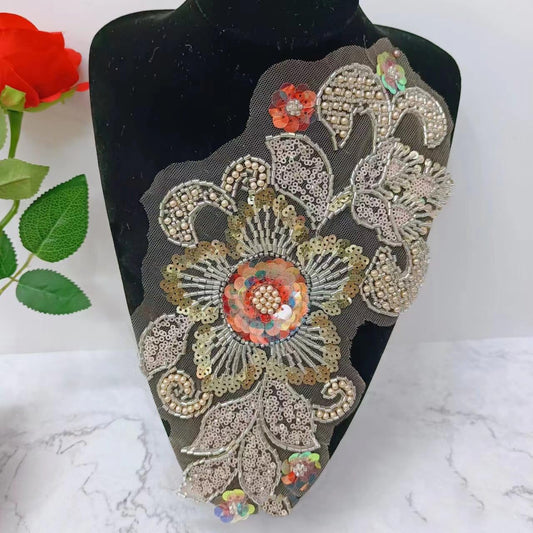 S.A.V.I 3D Gold Floral Embroidered Applique Patch – Sequins  Beaded Mesh Lace (30x16 cm) – DIY Bridal, Saree, Lehenga, Blouse, Gown, Ethnic Wear, Craft Sewing – Fabric Embellishment