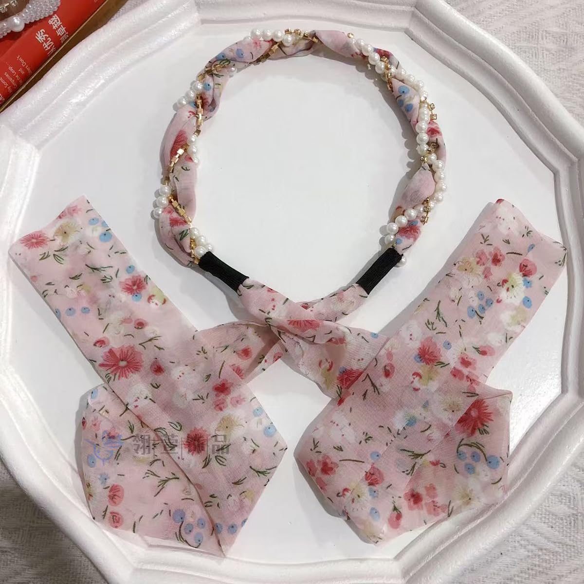 S.A.V.I Floral Pink Designer Hairband for Women & Girls | 59cm Braided Headband with Pearls, Rhinestones & Bow | Stylish Hair Accessory for Ethnic & Western | Soft & Comfortable Fit