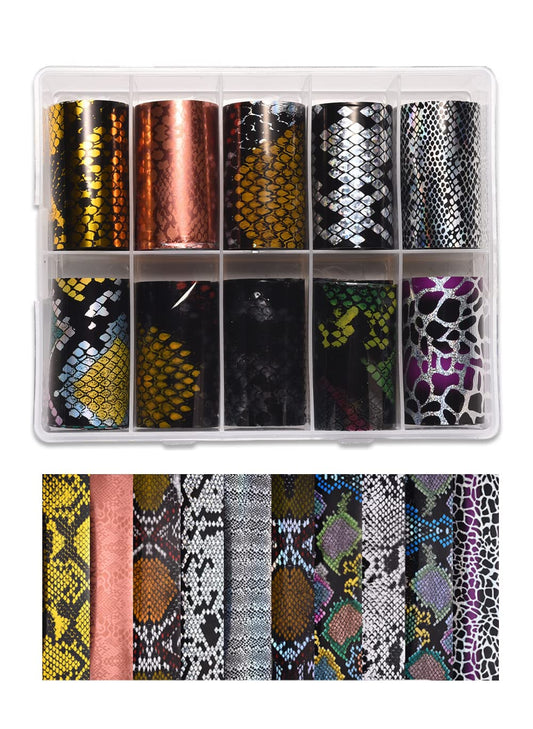 S.A.V.I 10 Rolls Nail Foil Snake Pattern Transfer Sticker Holographic DIY Nail Decoration, 4x100CM each roll