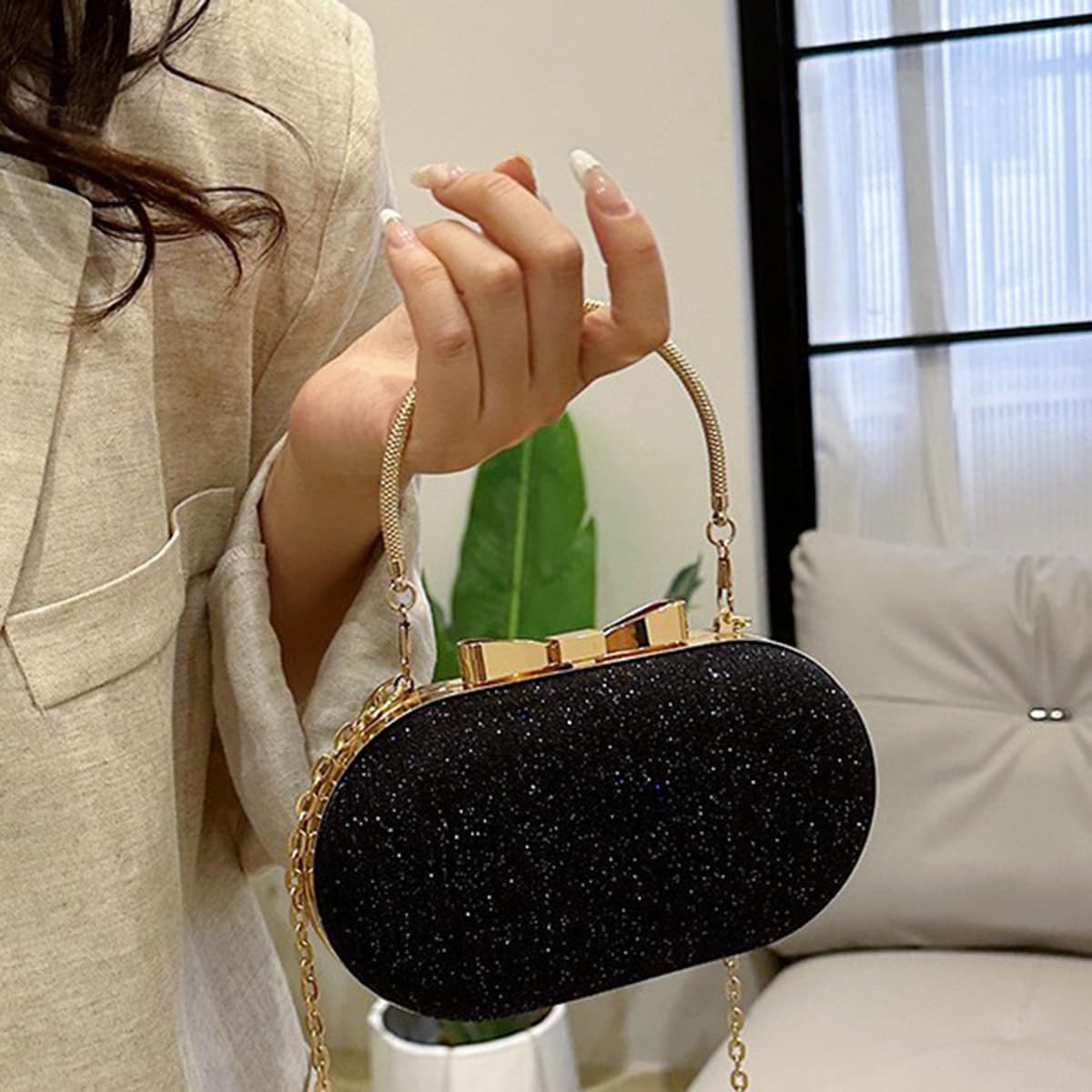 S.A.V.I Women’s Black Glitter Clutch Bag | Oval Hard Case Evening Purse with Gold Chain & Bow | Stylish Party & Wedding Handbag for Girls & Women (Black)
