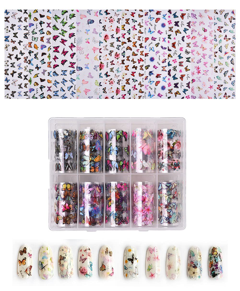 S.A.V.I 10 Rolls Nail Foil 10 Designs of Multicolor Butterflies Print Pattern Nail Foil Wraps