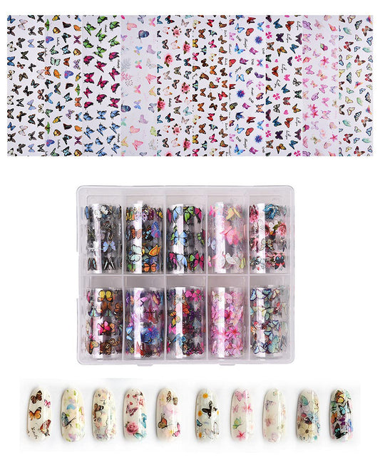 S.A.V.I 10 Rolls Nail Foil 10 Designs of Multicolor Butterflies Print Pattern Nail Foil Wraps