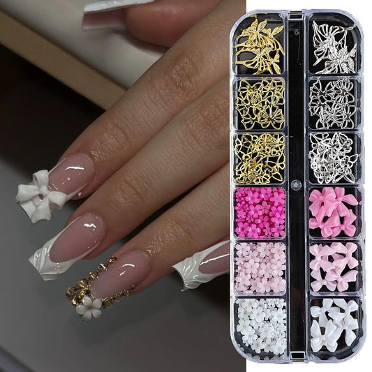 S.A.V.I 12-Grid 3D Nail Art Decorations Set – Gold & Silver Alloy Bows, Butterflies, Pink/White Flowers, Multi-Colour Bows – DIY Nail Extension & Manicure Accessories for Salon & Home Use