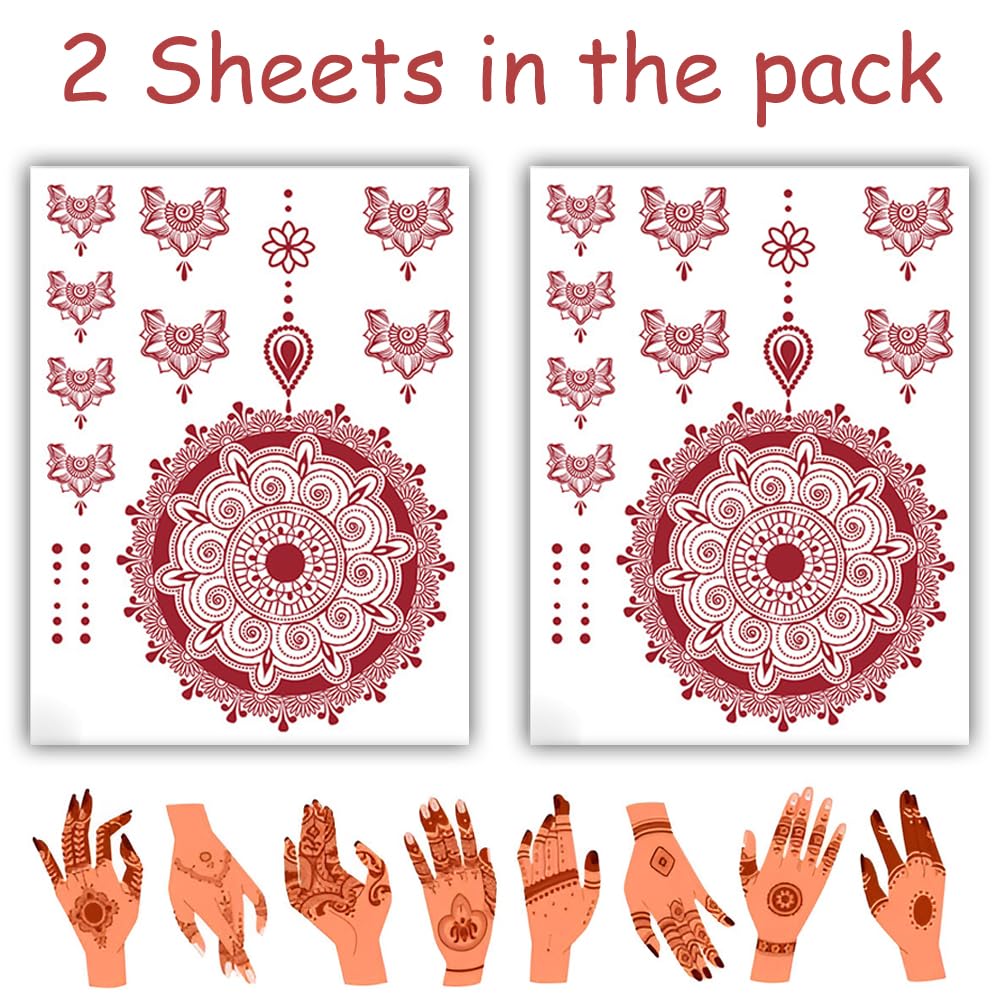 S.A.V.I 2 Sheets - Red Mehndi Style Temporary Tattoo Stickers for Women & Girls (16x12cm) | Floral Net Design | Waterproof, Safe, Non-Toxic Body Art for Hands – Easy to Apply & Remove (#61)