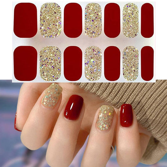 S.A.V.I 14pc Red  Golden Glitter Gel Nail Stickers - Easy Self-Adhesive, Long-Lasting Shine