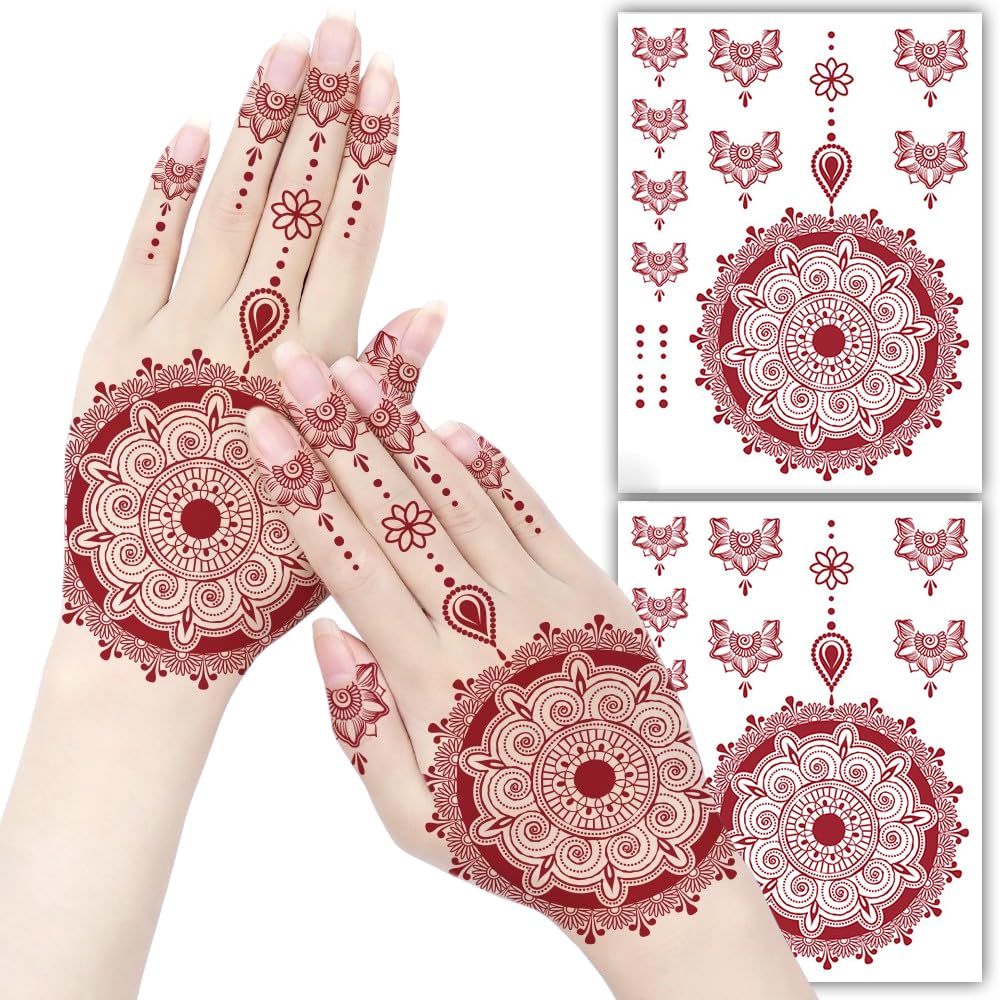 S.A.V.I 2 Sheets - Red Mehndi Style Temporary Tattoo Stickers for Women & Girls (16x12cm) | Floral Net Design | Waterproof, Safe, Non-Toxic Body Art for Hands – Easy to Apply & Remove (#61)