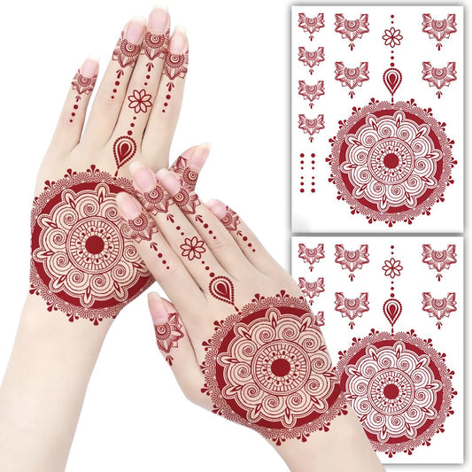 S.A.V.I 2 Sheets - Red Mehndi Style Temporary Tattoo Stickers for Women & Girls (16x12cm) | Floral Net Design | Waterproof, Safe, Non-Toxic Body Art for Hands – Easy to Apply & Remove (#61)