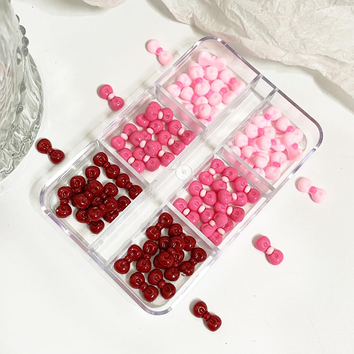 S.A.V.I 60 Pcs 3D Bow Nail Art Decorations – Light Pink, Hot Pink & Red Acrylic Mini Bows for DIY Nail Design, Manicure & Pedicure Accessories with 6-Section Storage Box