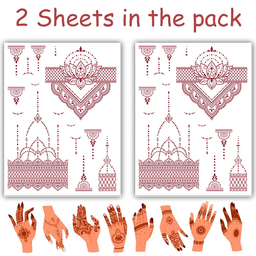 S.A.V.I 2 Sheets - Temporary Mehndi Tattoo Stickers for Hands (16x12 cm) | Red Henna Style | Waterproof, Non-Toxic | Mandala & Floral Design for Women & Girls | Festival & Bridal Use (#39)