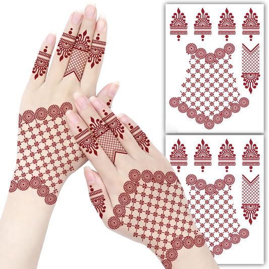 S.A.V.I 2 Sheets - Red Mehndi Style Temporary Tattoo Stickers for Women & Girls (16x12cm) | Floral Net Design | Waterproof, Safe, Non-Toxic Body Art for Hands – Easy to Apply & Remove (#59)