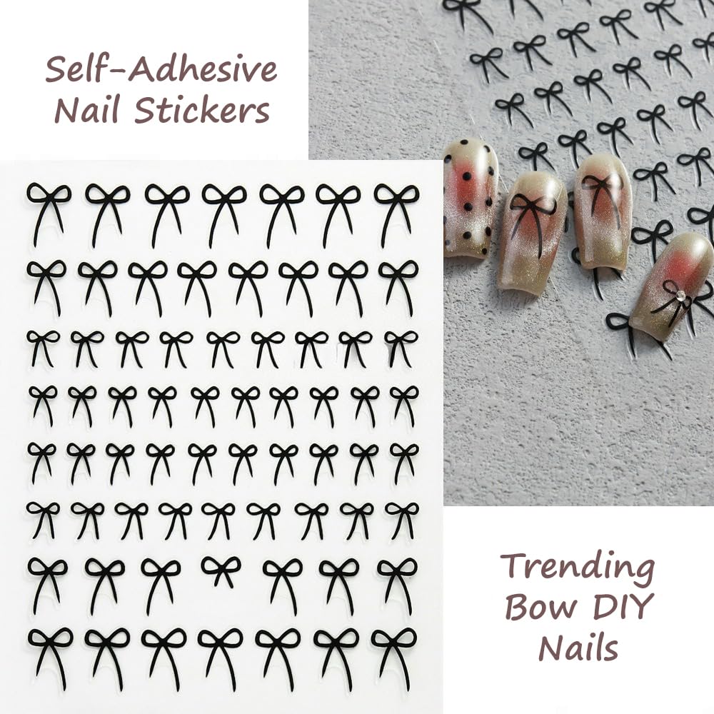 S.A.V.I 4 Sheets Bow Nail Art Stickers for Women – Self-Adhesive DIY Manicure Decals in Black, White, Gold & Silver | Elegant Thin Ribbon Design for Nail Decoration & Extensions (8x10.5cm)