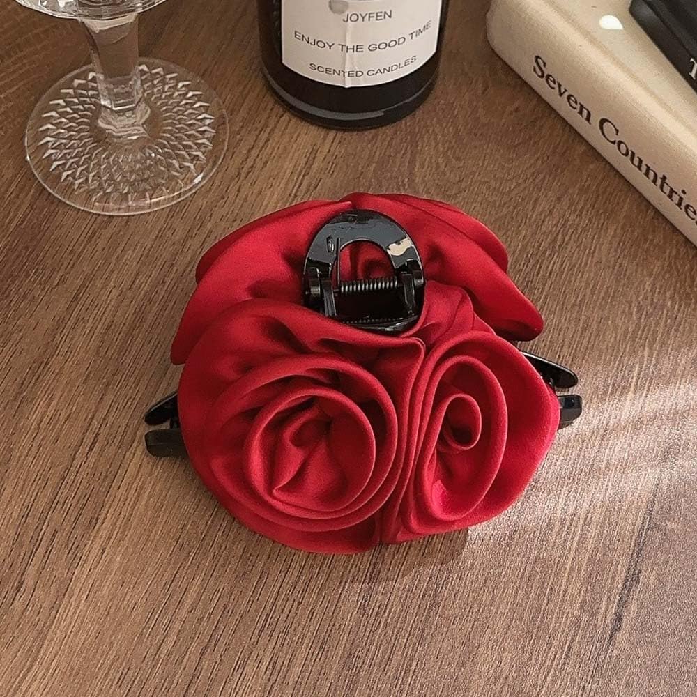 S.A.V.I Red Rose Hair Claw Clip for Women & Girls | Elegant Fabric Flower Design | Strong Grip Clutcher with Metal Spring | Stylish Hair Accessory for Daily, Wedding & Party (5.1 Inch)