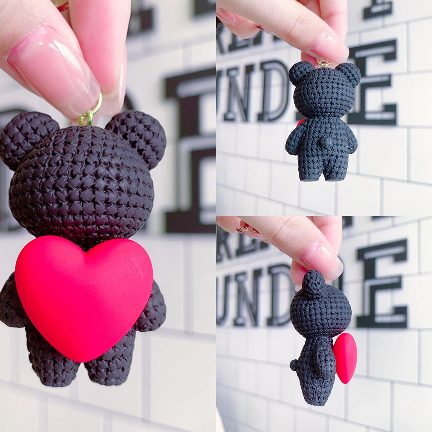 S.A.V.I Cute Pink Bear Keychain with Heart Charm | Resin Mini Teddy Pendant 6cm | Braided PU Leather Wrist Strap | Lightweight Gold Key Ring for Girls, Women (Black)