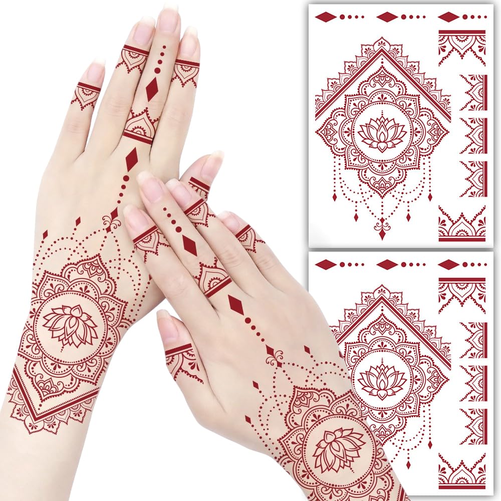 S.A.V.I 2 Sheets - Red Mehndi Style Temporary Tattoo Stickers for Women & Girls (16x12cm) | Floral Net Design | Waterproof, Safe, Non-Toxic Body Art for Hands – Easy to Apply & Remove (#64)