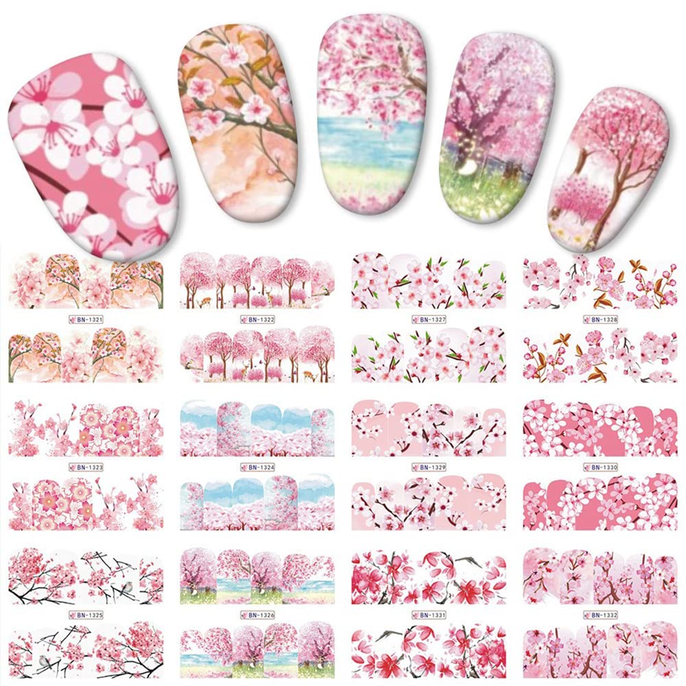 S.A.V.I 12 Sheets Cherry Blossom, Pink Water Transfer Nail Sticker Decals DIY Manicure for Women