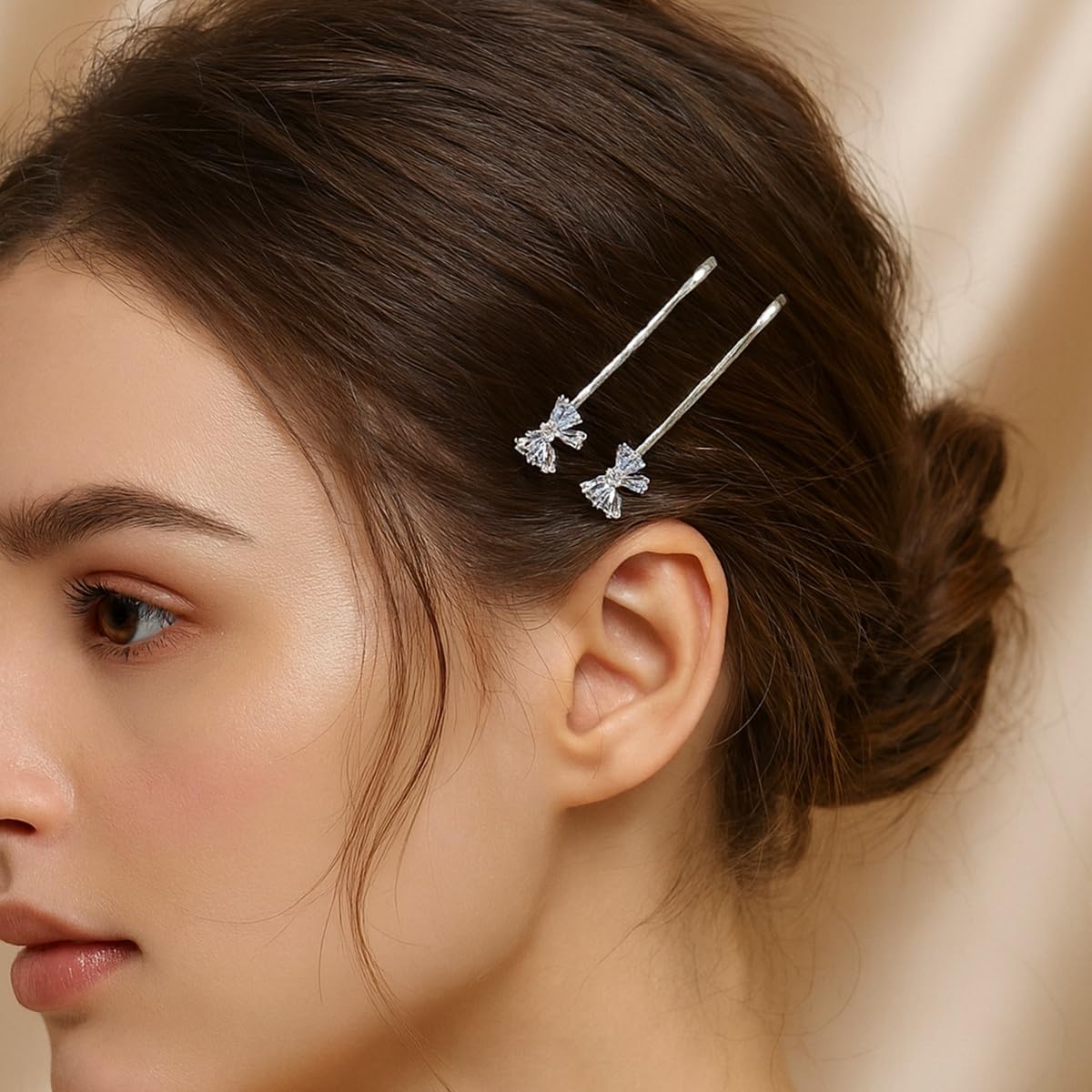 S.A.V.I 1 Pair Crystal Rhinestone Bow Hair Pins for Women & Girls | Silver Stylish Bobby Pins | 6cm Elegant Big Bow Hair Clips for Party, Wedding