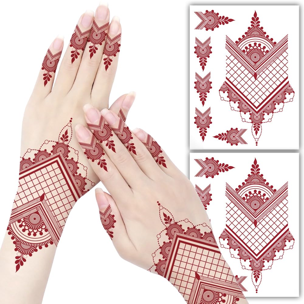 S.A.V.I 2 Sheets - Red Mehndi Style Temporary Tattoo Stickers for Women & Girls (16x12cm) | Floral Net Design | Waterproof, Safe, Non-Toxic Body Art for Hands – Easy to Apply & Remove (#60)