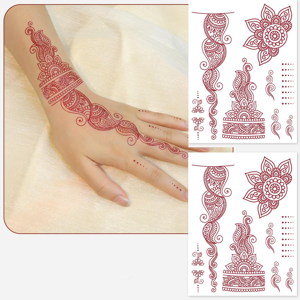 S.A.V.I 2 Sheets - Temporary Mehndi Tattoo Stickers for Hands (16x12 cm) | Red Henna Style | Waterproof, Non-Toxic | Mandala & Floral Design for Women & Girls | Festival & Bridal Use (#42)