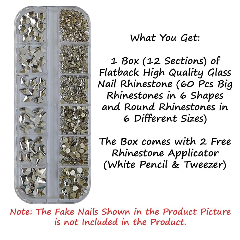 S.A.V.I Crystal Nail Art Rhinestones Kit – 3D Flatback Glass Stones in 6 Shapes & Sizes – Nail Gems for Women & Girls – Silver DIY Manicure Decoration with Picker Pencil & Tweezer