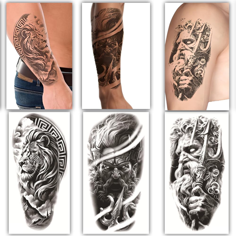 S.A.V.I 3 PCS Large Temporary Tattoo Stickers for Men – Mythical Warrior & Lion Design, Black Waterproof Body Art, 21x10 cm, Safe Non-Toxic, Long-Lasting Arm & Shoulder Tattoos