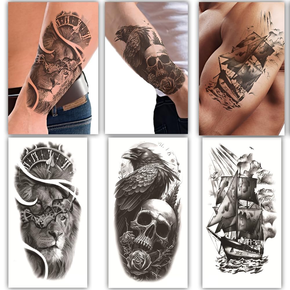 S.A.V.I 3 Large Realistic Temporary Tattoo Sheets for Men & Women – Waterproof, Non-Toxic Body Art Stickers – Lion, Ship, Skull with Raven – 21x10 cm Long Lasting Arm & Back Tattoos