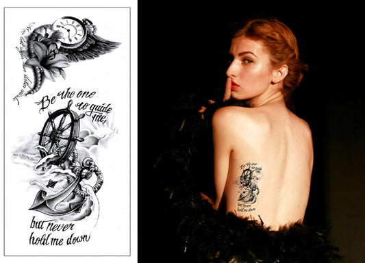 S.A.V.I 3D Temporary Tattoo Sticker Beautiful Clock Anchor Wheel Text Popular Design Size 19x9 Cm - 1pc. (48-1)