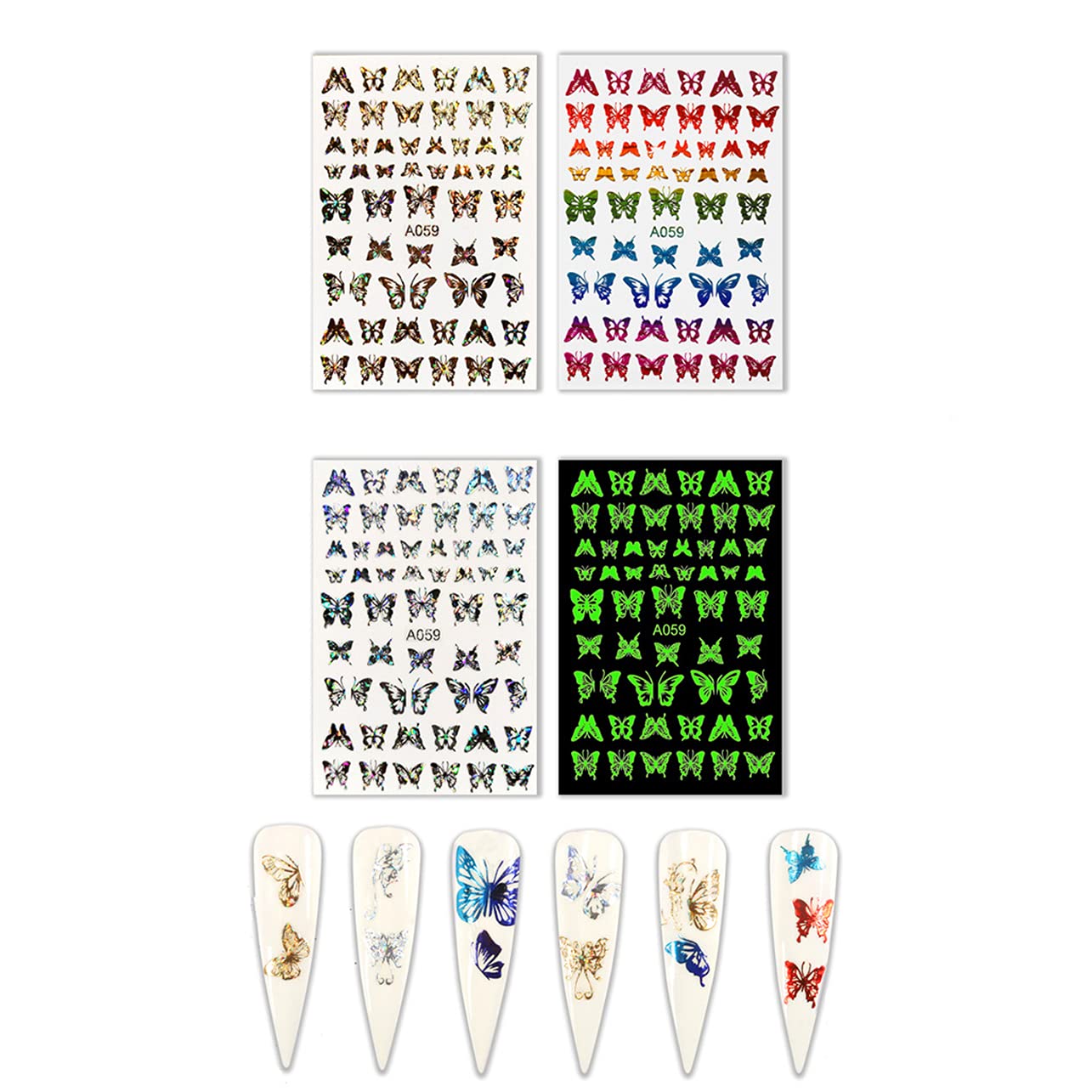 S.A.V.I Set of 4 Sheets 250 Stickers Butterfly Design Nail Art Decoration Laser Self-adhesive Sticker Luminous Nail Decal for Manicure