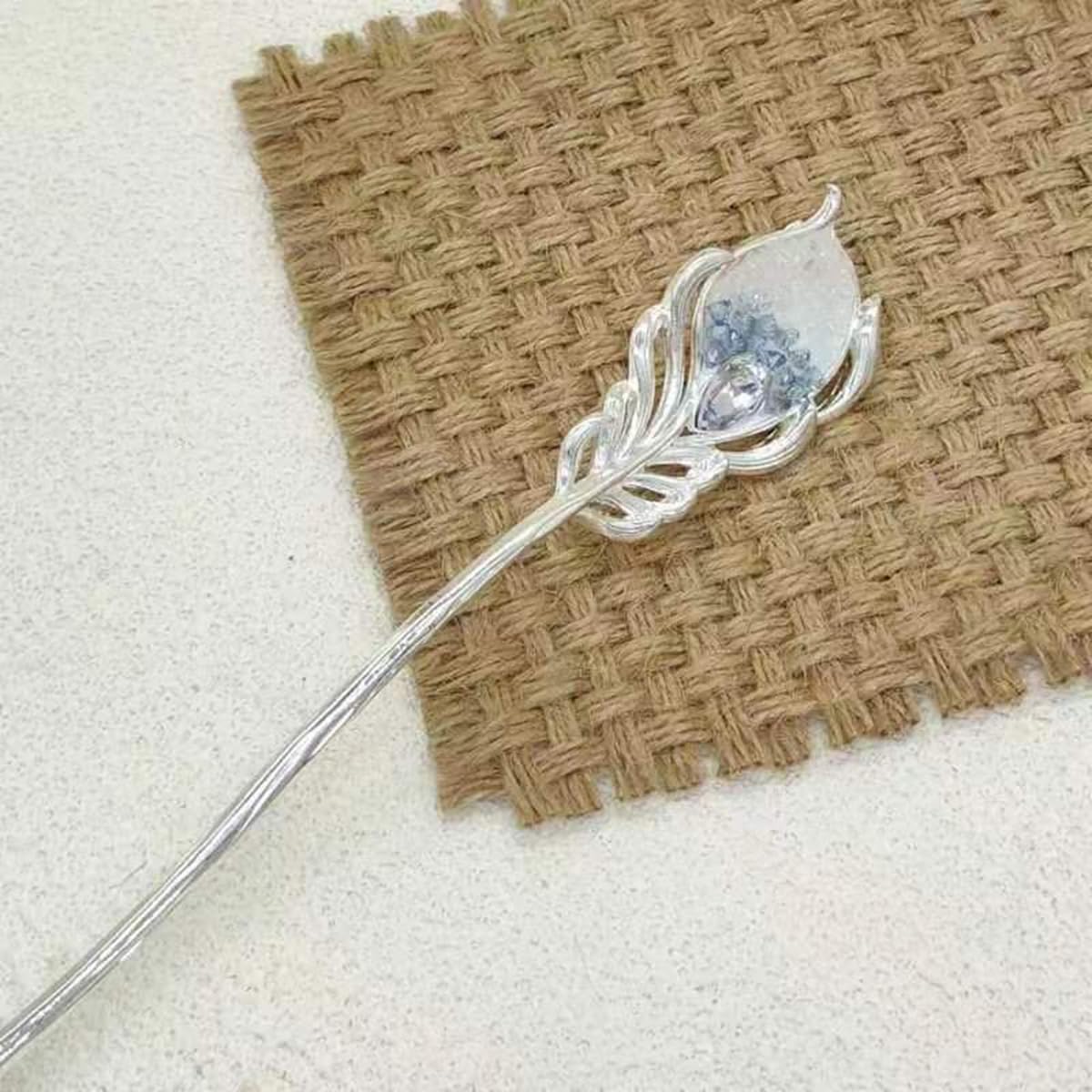 S.A.V.I Silver Peacock Feather Hair Stick for Women | Elegant 16cm Long Hair Pin with Crystal Detailing | Traditional Bun Holder & Party Hair Accessory (1 Pc, 2.7cm Width)