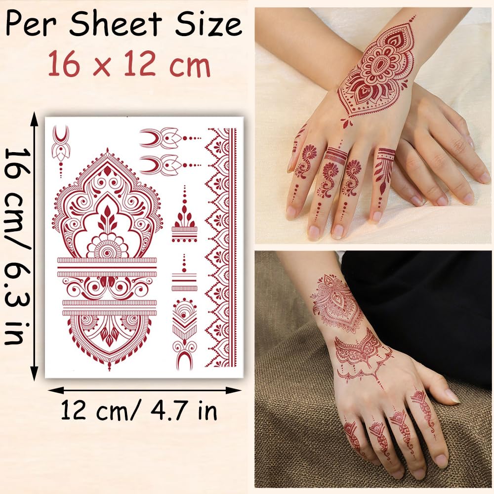 S.A.V.I 2 Sheets - Temporary Mehndi Tattoo Stickers for Hands (16x12 cm) | Red Henna Style | Waterproof, Non-Toxic | Mandala & Floral Design for Women & Girls | Festival & Bridal Use (#47)