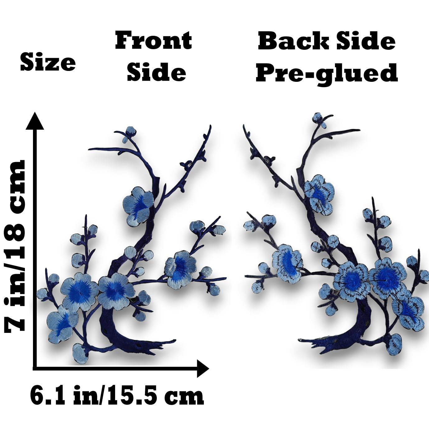 S.A.V.I 3D Blue Cherry Blossom Embroidery Patch (7x6.1 inch) | Iron-On Applique for Clothes, Sarees, Blouses, Jackets | DIY Craft Pre-Glued Fabric Badge for Decoration & Fashion Design