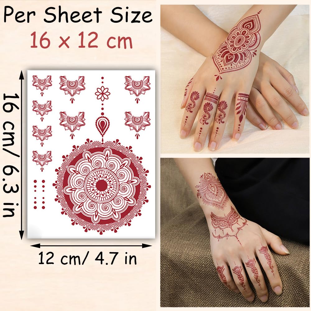 S.A.V.I 2 Sheets - Red Mehndi Style Temporary Tattoo Stickers for Women & Girls (16x12cm) | Floral Net Design | Waterproof, Safe, Non-Toxic Body Art for Hands – Easy to Apply & Remove (#61)