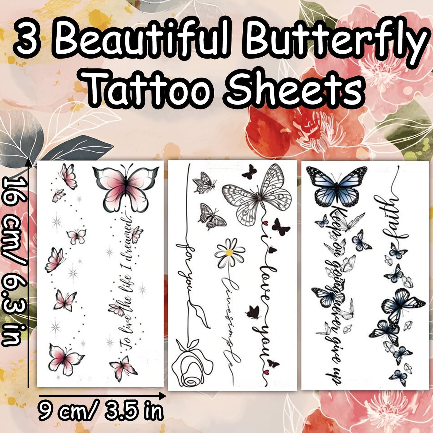 S.A.V.I 3 Pcs Butterfly Temporary Tattoo Stickers for Girls & Women – Safe, Non-Toxic, Waterproof, Long-Lasting – 16x9 cm Elegant Black, Blue, Pink Floral Designs – Arm, Wrist, Back Body Art (06)