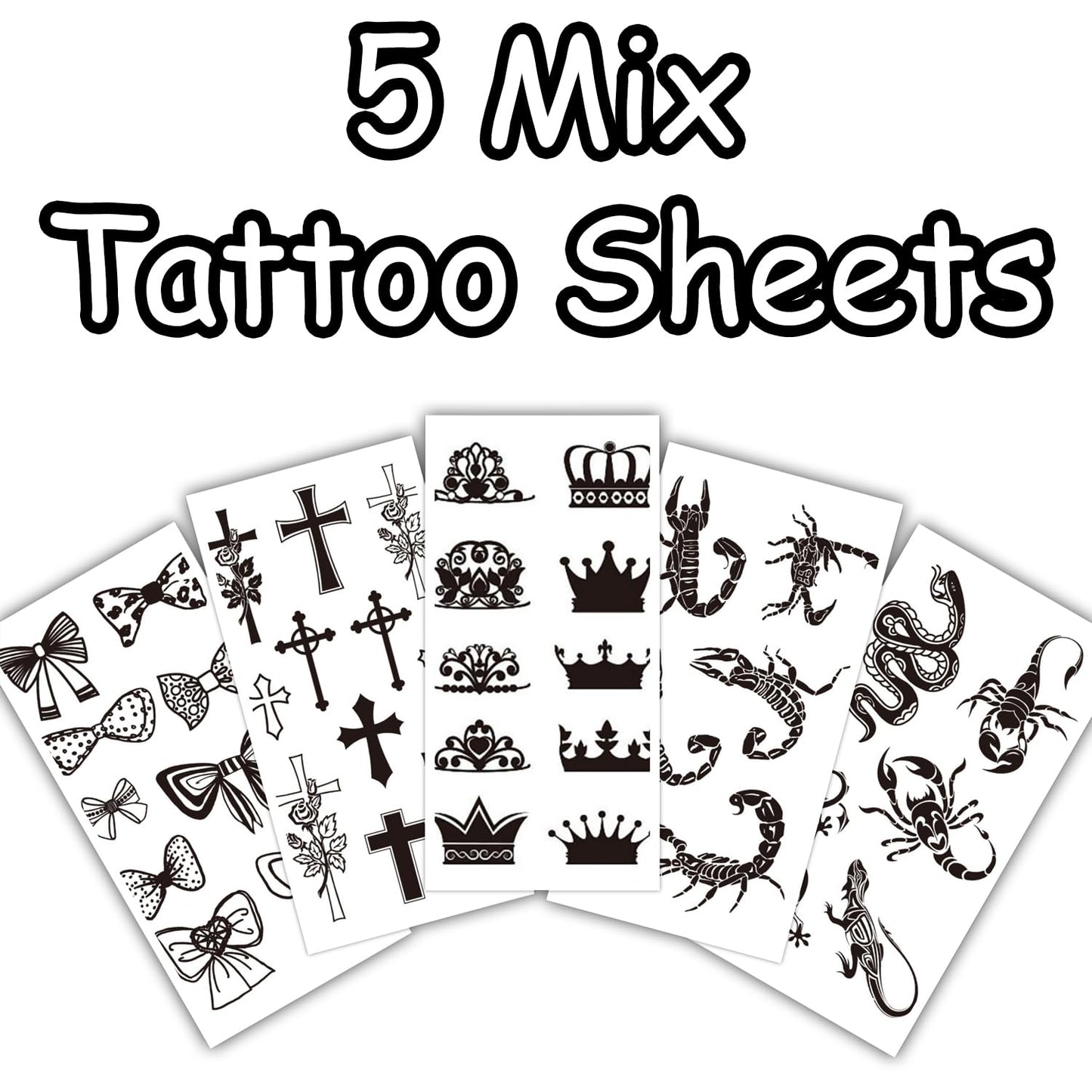 S.A.V.I 5pcs Temporary Tattoo Sheets for Men & Women – Black Waterproof Designs | Crown, Snake, Cross, Bow | 10.5x6cm | Safe Non-Toxic Skin-Friendly Body Art Stickers for Kids & Adults (59)