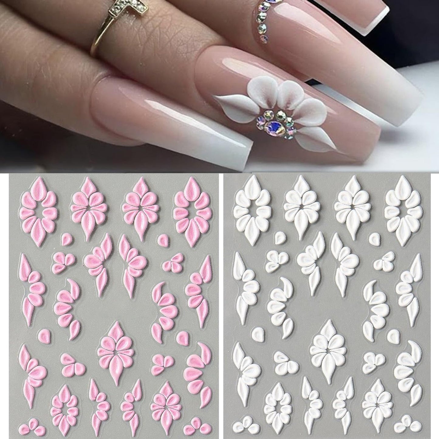 S.A.V.I 3D Self-Adhesive Nail Art Stickers – 2 Sheets Pink & White Floral Embossed Design, Easy Peel & Stick, Long-Lasting Manicure Decoration for DIY Nail Extensions & Professional Salon Use